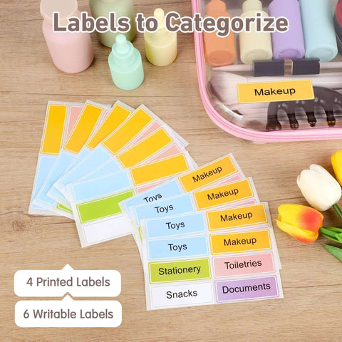 Labels for organization next to Rock Solid Clear Hard Shell Zippered Storage Cases With Name Tags 3 Pack Top Tier Durable Plastic Tote.