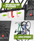 Two Bike Floor Stand Freestanding Bicycle Parking Rack with hooks for accessories, shown in garage with two bikes.