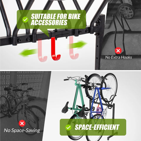 Two Bike Floor Stand Freestanding Bicycle Parking Rack with hooks for accessories, shown in garage with two bikes.