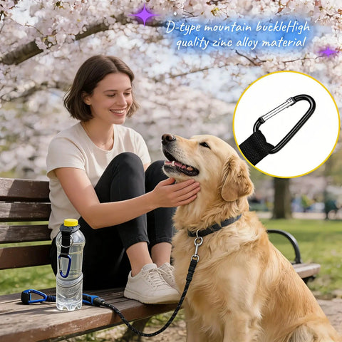 Woman with a dog sitting on a bench, Durable Silicone Water Bottle Holder With Carabiner Clip and Key Ring attached to the bottle.