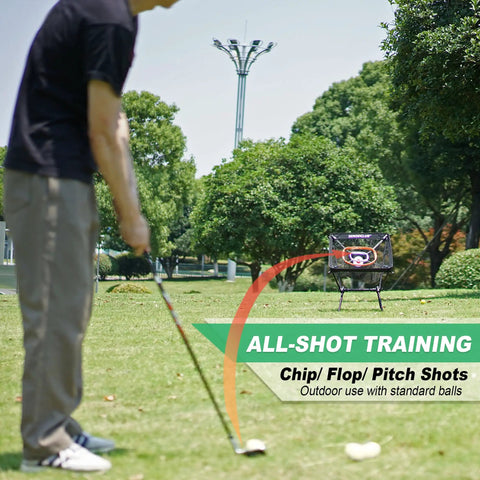 Chipping Net Indoor Outdoor Golf Practice Target With Center Target And Three Dynamic Baskets Includes Tee And Balls Pro Grade Durable Aluminum Frame Perfect Backyard Game Gift For Golfers shown in use