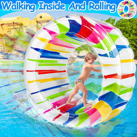 Child playing inside 65 Inch Giant Inflatable Wheel Roller Pool Toy for Kids Ages 6 and Up, colorful design in a pool