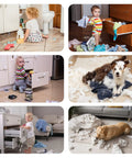 Image of toddlers and a dog creating a mess at home, highlighting the need for Premium KidSafe Cabinet Locks And Toddler Proof Drawer Latches For Home Security Quick Adhesive Setup Keeps Lil Ones Outta Trouble Without A Hitch In Sturdy 2Pack Black Design.