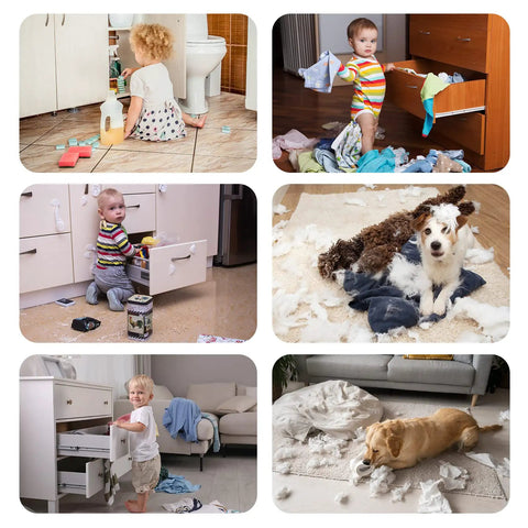 Image of toddlers and a dog creating a mess at home, highlighting the need for Premium KidSafe Cabinet Locks And Toddler Proof Drawer Latches For Home Security Quick Adhesive Setup Keeps Lil Ones Outta Trouble Without A Hitch In Sturdy 2Pack Black Design.