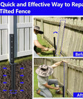 Before and after images showing Heavy Duty Fence Post Repair Kit With Solid Steel Anchor Straighten Leaning 4x4 Wood Posts.