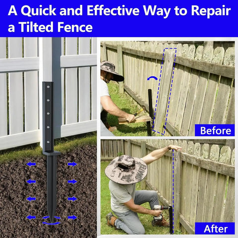 Heavy Duty Fence Post Repair Kit For Wood Fences Knocks Out Leaning Posts Fast With Rock Solid Ground Spike Anchors, demonstrating DIY installation.