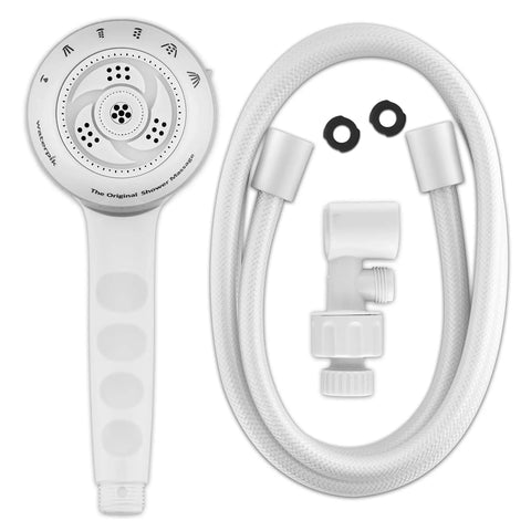 White massage shower head with handheld spray and 5 foot hose, 6 massage modes, easy DIY install, 1.8 GPM water flow.
