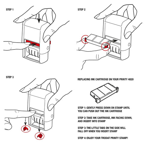 Step-by-step instructions for changing ink cartridge on No Hassle Self Inking Date Stamp for Quick Document Dating.