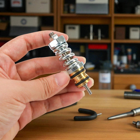 Close-up of an unloader valve kit for high-pressure washer pumps; metal assembly with silver springs and brass seals.