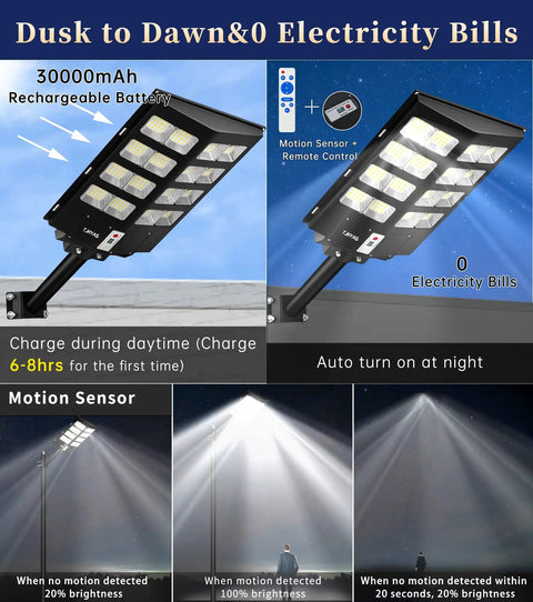 High Brightness 800W Solar Street Light Outdoor Dusk To Dawn IP67 Waterproof LED Parking Lot Garden Light with motion sensor