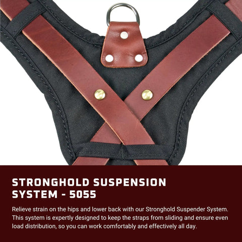 Close-up of the Stronghold Suspension System With Padded Yoke For All Day Comfort And A Secure Fit, showing durable stitching.
