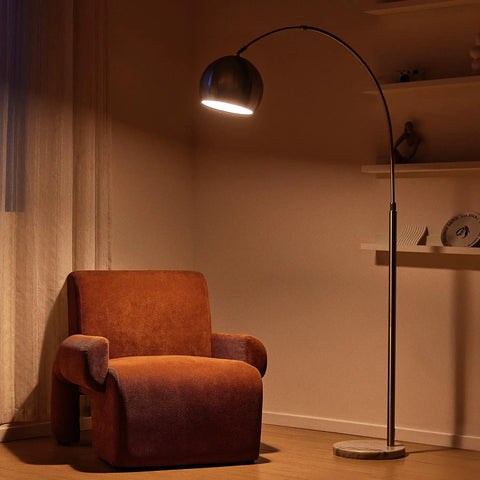 Tall Arc Floor Lamp With Marble Base In Brushed Nickel LED Bulb Included Adjustable Height 59 To 69 Inches 360 Rotating Shade