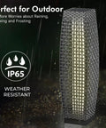 Outdoor Solar Powered Floor Lamp with Weatherproof Wicker Lantern, silver-gray, IP65 water-resistant for garden or porch use.