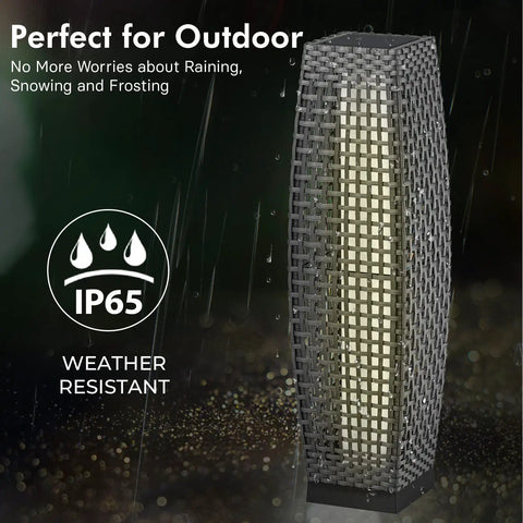 Outdoor Solar Powered Floor Lamp with Weatherproof Wicker Lantern, silver-gray, IP65 water-resistant for garden or porch use.