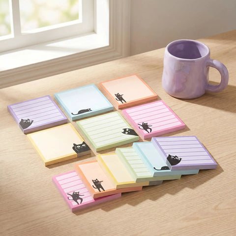 Black Cat Sticky Notes 3x3 Set For Back To School And Office displayed on a desk with colorful cat designs and a mug