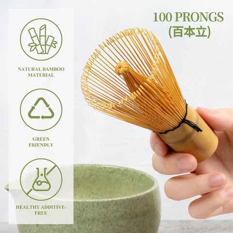 Bamboo chasen from Matcha Whisk Set With Ceramic Bowl And All The Goods, mottled green bowl visible, focus on whisk details.