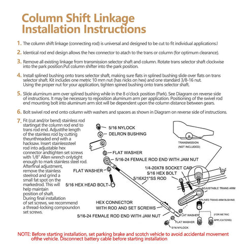 Adjustable Transmission Column Shift Linkage Kit for Chevy Cars and Trucks CB5010 Replacement Part with No Fuss Install, Crisp Shifts, Rugged Steel Build, ACA-1800 Compatible, High Performance Transmission Control. installation diagram with rod and hardware