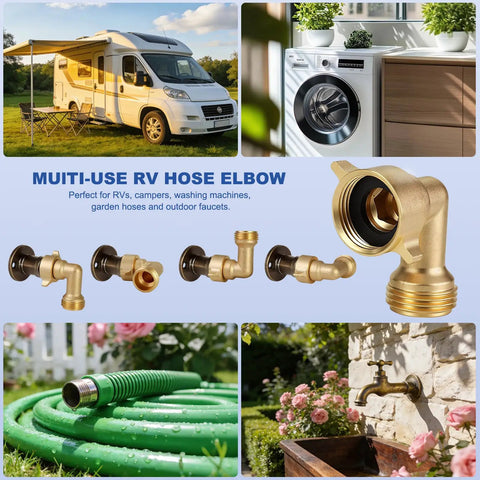 Brass 90 Degree Hose Elbow For RV And Garden Three Quarter Inch Leak Free Water Connector That Prevents Kinks And Delivers Smooth Flow No Fuss Fit For RV Inlets And Outdoor Faucets Durable Backyard Hose Fitting, brass elbow