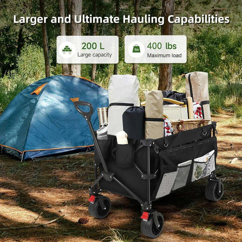 Collapsible Utility Wagon With Extra Deep Seven Cubic Feet Of Space 400 Pound Capacity Heavy Duty Foldable Beach Cart With Large Wheels And Pockets Perfect For Sand Garden Camping Or Grocery Hauls loaded with camping gear next to a tent.