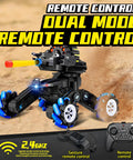 Gesture Sensing RC Tank That Shoots with dual controls and wheels in action, showcasing LED lights, for ages 8 to 12.