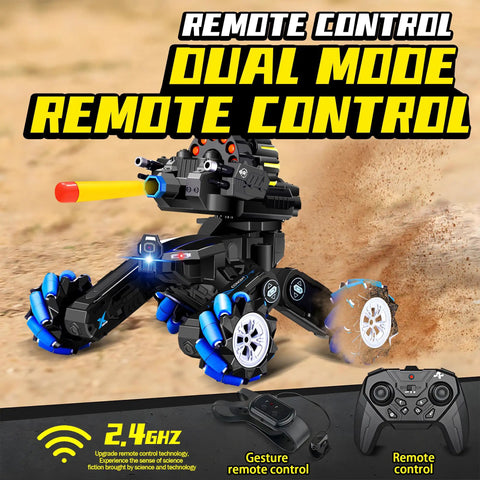 Gesture Sensing RC Tank That Shoots with dual controls and wheels in action, showcasing LED lights, for ages 8 to 12.