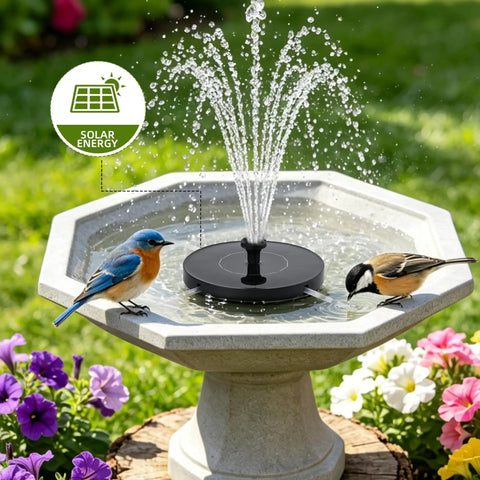 Sun Powered Bird Bath Water Fountain Pump Kit With 6 Nozzles And Free Standing Solar Panel in a garden with birds and flowers