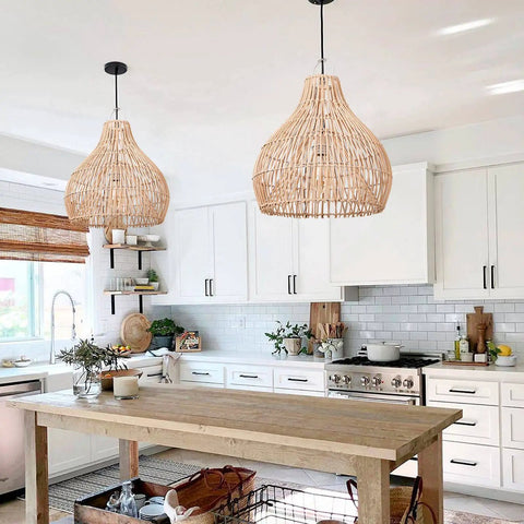 Small Rattan Pendant Light For Kitchen Island With Boho Wicker Chandelier Look in a modern kitchen setting