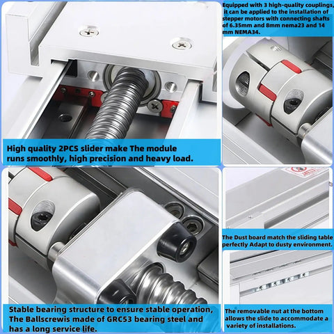 Close-up of Heavy Duty Built Tough 8 Inch Linear Slide Table With 200mm Stroke And 1605 Ball Screw, enclosed design details.