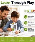 2 in 1 Digital Microscope for Kids, Handheld and Desktop STEM Toy for Exploring Leaves, Bugs, Coins, Fabrics, and More at Home, School, or Outdoors, Awesome for Curious Minds. White plastic microscope used by child and adult at desk.
