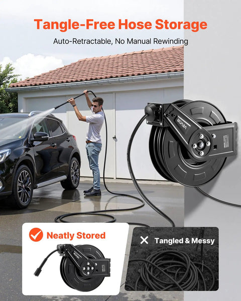 Heavy Duty Pressure Washer Hose Reel 60 Feet By One Quarter Inch Auto Rewind Steel Wall Mount For Car Wash Garden And Floor Cleaning 4000 PSI Max Smooth Retractable Hose Reel With Tangle Free Operation mounted on wall in outdoor car wash setup