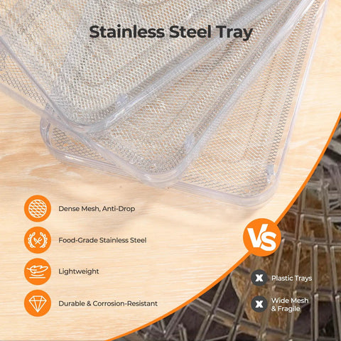 Heavy Duty Five Tray Food Dehydrator With Adjustable Temp Control And Auto Timer For Rapidly Drying Fruits Veggies Herbs And Lean Beef Jerky A Foolproof Way To Make Healthy Snacks And Preserve Your Favorite Grub All Season, stainless steel trays with dense mesh design.