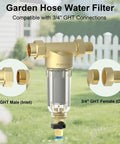 Spin Down Garden Hose Sediment Filter With Three Quarter Inch GHT Connector on grass, showing inlet and outlet connections