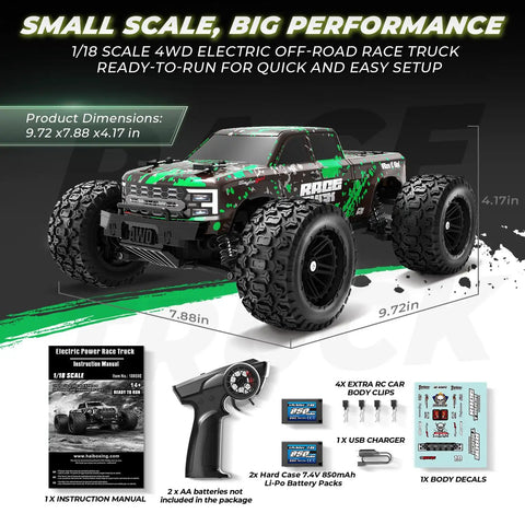 1 18 Scale RC Truck 4x4 Off Road Beast With Top Speed 36 kmh Hobby Grade 2.4GHz Remote Water Resistant Electronics