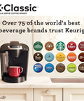 Front view of K Classic Single Serve Coffee Maker For K Cup Pods Black Finish With Removable Drip Tray on kitchen counter