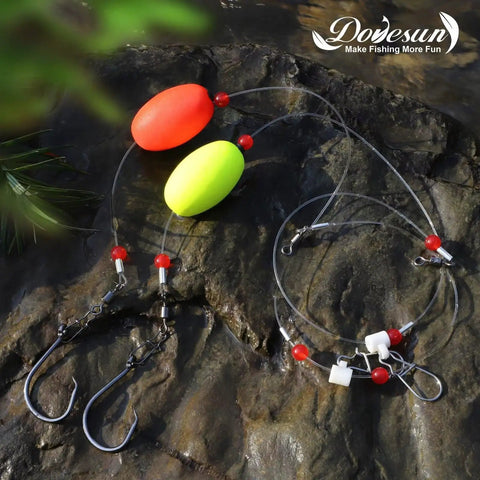Fish Finder Surf Rig With Float 20.5 Inch 90 Lb Tackle For Shark Bluefish Striper Stripers Six Piece Eight O Hooks on rock