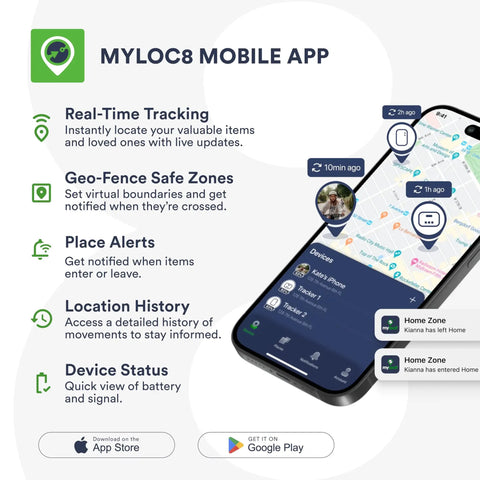 Keep Your Gear Locked Down With This Rugged GPS Asset Tracker All Week Battery Life Real Time Location Updates Via Smartphone App For Trucks Cars And Equipment Security, MyLoc8 mobile app interface showing tracking features.
