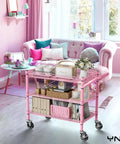 Built Tough Pink Rolling Cart Three Tier Heavy Duty Metal Utility Shelf With Smooth Rollin Wheels and Easy Grip Handle in stylish living room.