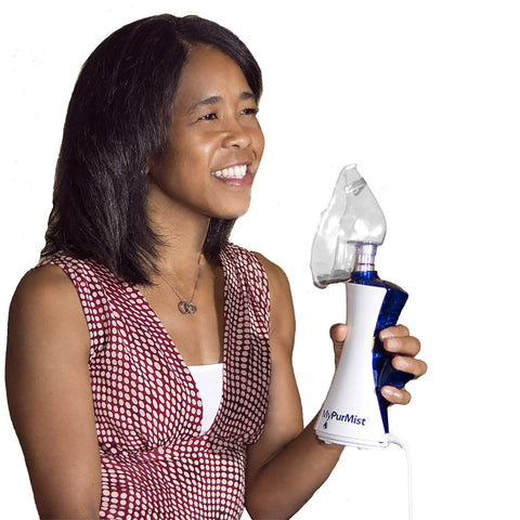 Person using New Classic Handheld Personal Steam Inhaler Vaporizer And Humidifier with plastic mask attached.