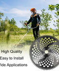 Man using 10 Inch 80T Carbide Tip Brush Cutter Blade With Adapter Kit For Stihl Husqvarna Ryobi Weed Eater Fits Most 1 Inch Arbor Trimmers