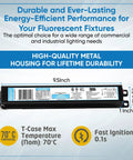 No-Fuss Instant Start Fluorescent Ballast For 4 F32T8 Lamps, 120-277V 50-60Hz, Centium Electronic Energy Saving Design displayed with dimensions.