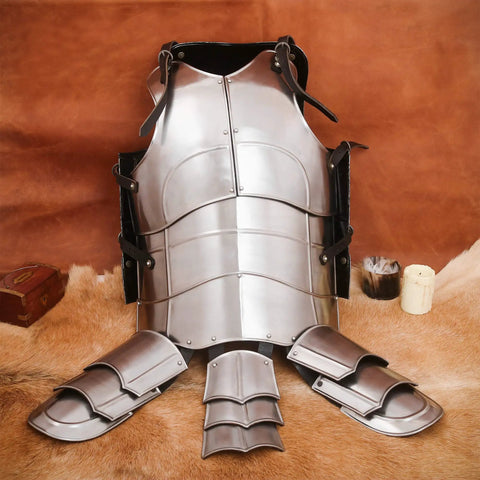 Beefy 18 Gauge Medieval Cuirass Armor With Tassets For LARP And Cosplay Full Chest Groin And Hip Protection displayed on fur rug.