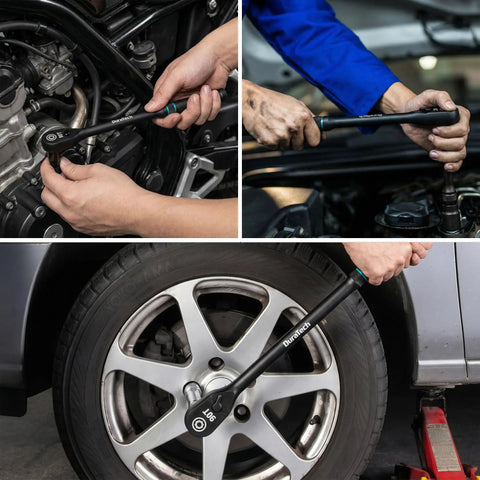 Three Piece Extra Long Drive Ratchet Set With 90 Tooth Mechanic Wrenches Includes 1/4 Inch 3/8 Inch And 1/2 Inch Drives Built From CRV Steel With Manganese Phosphate Black Finish For Heavy Duty Pro Grade Durability, used on engine and wheel