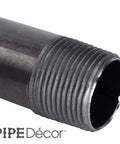 Close-up of Half Inch Black Pipe Nipple 48 Inch for DIY Vintage Furniture Build, showing threaded end of malleable cast iron steel.