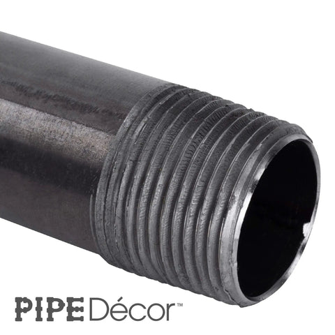 Close-up of Half Inch Black Pipe Nipple 48 Inch for DIY Vintage Furniture Build, showing threaded end of malleable cast iron steel.
