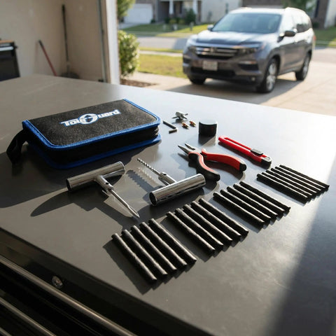 Badass Heavy Duty 31 Piece Flat Tire Repair Kit With Durable Rubber Plugs And Complete Steel Tool Set For Cars Trucks ATV Jeep with tools laid out.