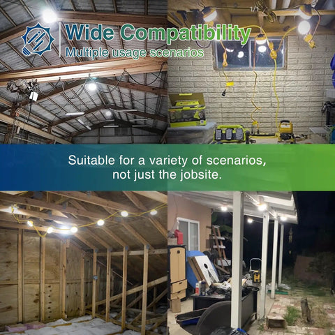 100Ft Construction String Lights For Job Sites, Powerful 100W Work Light with 10 Replaceable E26 Bulbs, hung in different settings