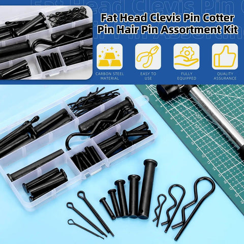 All Purpose Clevis Pin Kit With Cotter Pins And R Clips In 11 Sizes, 67 Piece Set Black Finish For Industrial Hardware