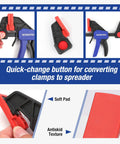 One Handed Bar Clamps Set for Woodworking, Six Pack Quick Change F Clamp and Spreader with red quick-change button and soft pad
