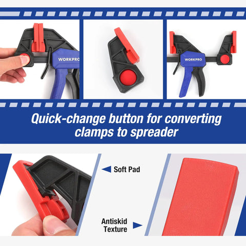 One Handed Bar Clamps Set for Woodworking, Six Pack Quick Change F Clamp and Spreader with red quick-change button and soft pad