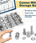 3/8-16 Stainless Steel Flange Bolts Kit, 112 Pieces With Washers And Serrated Flange Nuts, Full Thread, in storage box